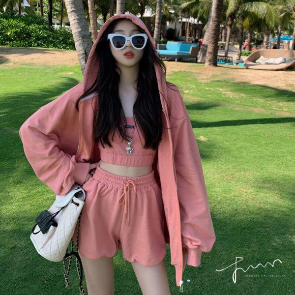Spring and summer 2024 cross-border fashion leisure age-reducing fitness running sweater shorts three-piece sports style suit women Pink  - Image 1