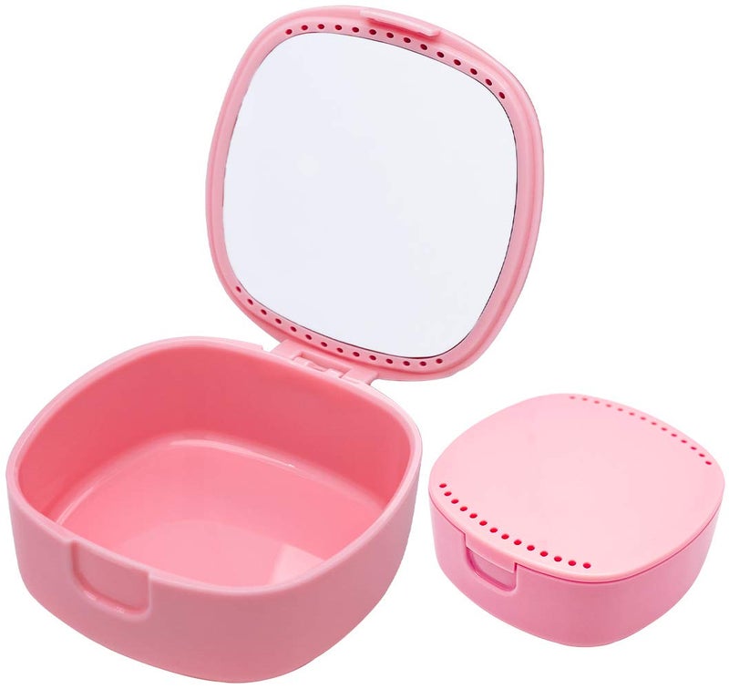 Retainer Case With mirror and ventilation holes For Night Guards Aligner Trays Mouth GuardDenture Case Mouthguard Light Easy to Carry MultipurposePink