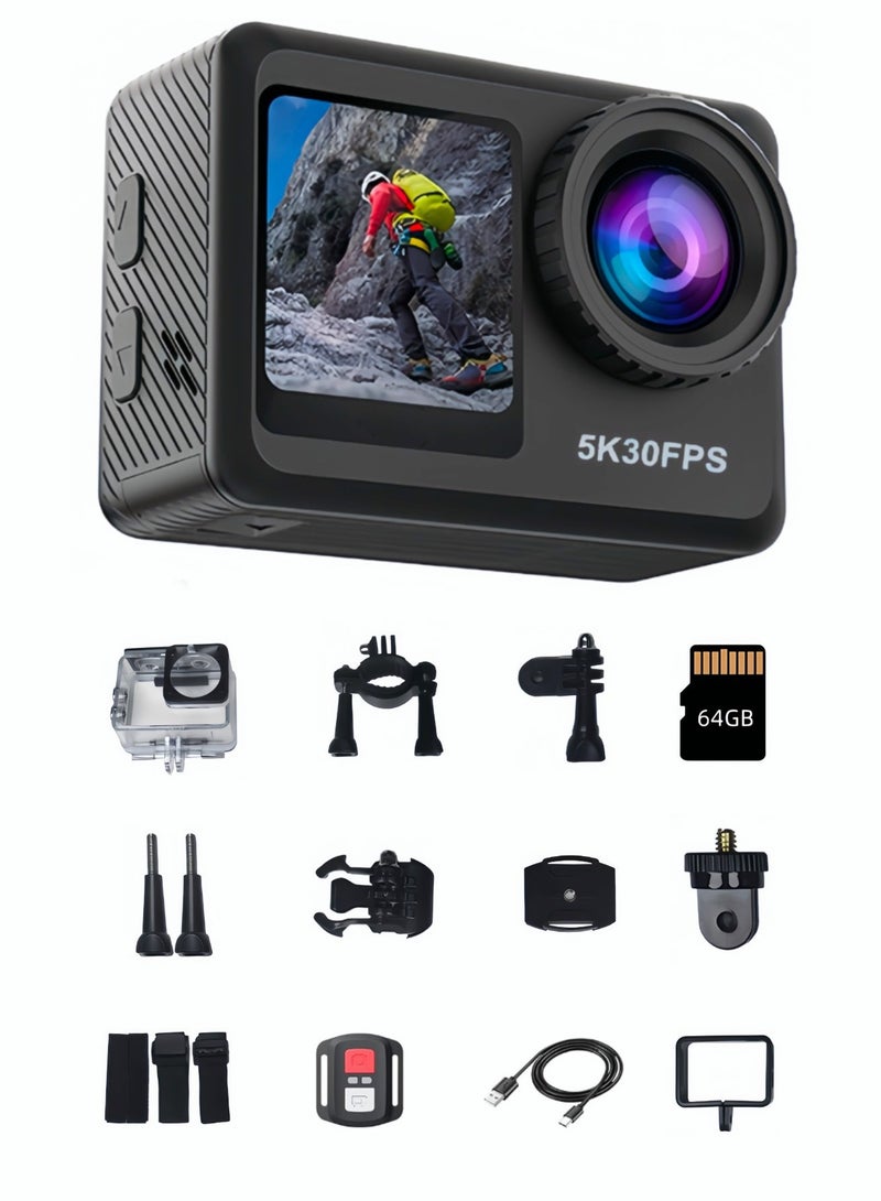 Arabest True 5K Ultra HD Action Camera, WIFI, Remote Control, 64GB Card, Dual Color Screens, Dual Batteies,  Anti-Shake for Cycling  Waterproof for Diving - Image 1