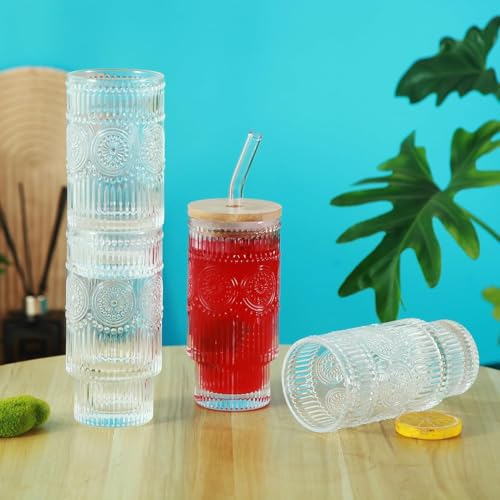 FOMQUAZLI Glass Coffee Mug with Wooden Lid and Straw Embossed Green Tea Sipper Tumbler Travel Mug Drinking Cup Mason Jar Can Milk Mug Juice Cup - Pack of 1 - Image 3