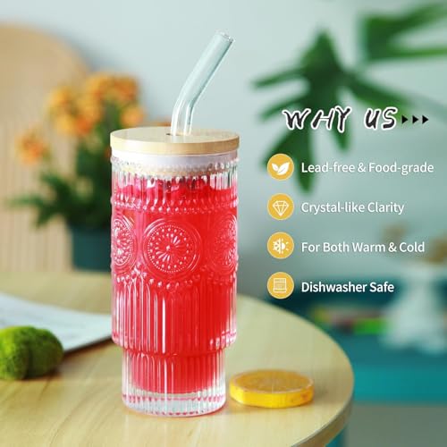 FOMQUAZLI Glass Coffee Mug with Wooden Lid and Straw Embossed Green Tea Sipper Tumbler Travel Mug Drinking Cup Mason Jar Can Milk Mug Juice Cup - Pack of 1 - Image 4