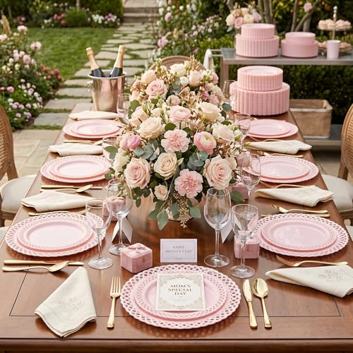 COLOSUS 60Pcs Pink Plastic Plates, Plastic Disposable Plates, Fancy Pink Scallop plates, Heavy Duty Lace Plate Set include 30 Dinner Plate 10” and 30 Salad/Dessert Plate 7.5”for Easter Day - Image 3