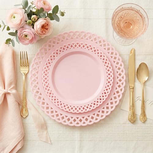 COLOSUS 60Pcs Pink Plastic Plates, Plastic Disposable Plates, Fancy Pink Scallop plates, Heavy Duty Lace Plate Set include 30 Dinner Plate 10” and 30 Salad/Dessert Plate 7.5”for Easter Day - Image 2