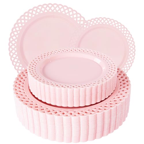 COLOSUS 60Pcs Pink Plastic Plates, Plastic Disposable Plates, Fancy Pink Scallop plates, Heavy Duty Lace Plate Set include 30 Dinner Plate 10” and 30 Salad/Dessert Plate 7.5”for Easter Day - Image 1