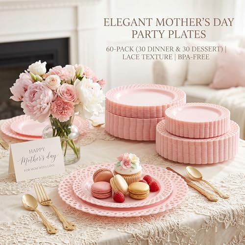 COLOSUS 60Pcs Pink Plastic Plates, Plastic Disposable Plates, Fancy Pink Scallop plates, Heavy Duty Lace Plate Set include 30 Dinner Plate 10” and 30 Salad/Dessert Plate 7.5”for Easter Day - Image 5