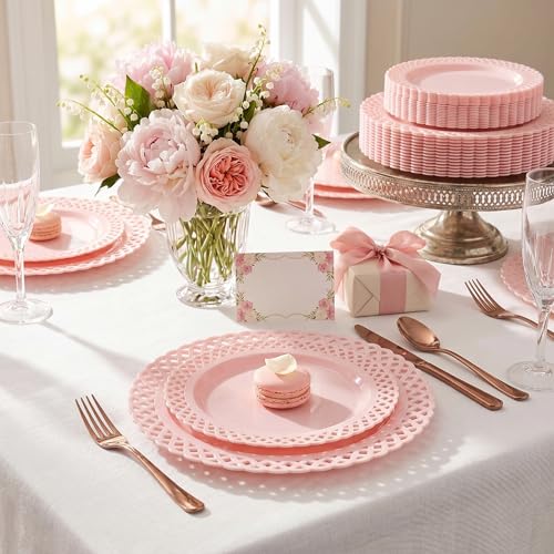 COLOSUS 60Pcs Pink Plastic Plates, Plastic Disposable Plates, Fancy Pink Scallop plates, Heavy Duty Lace Plate Set include 30 Dinner Plate 10” and 30 Salad/Dessert Plate 7.5”for Easter Day - Image 4