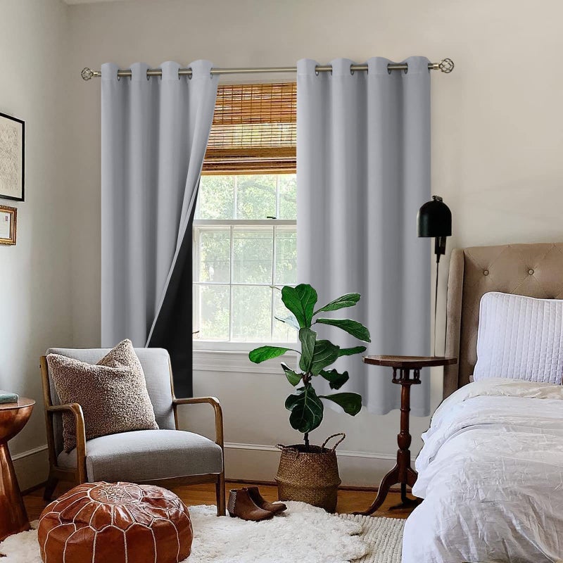 BGment Bression بنسبة 100 ٪ الستائر اللفاتية لغرفة النوم مع بطانة سوداء معزولة معزولة سميكة مزدوجة الطبقات الإجمالية إجمالي ضوء الستائر النافذة 63 بوصة الطول 2 لوحات (52 × 63 بوصة رمادي فاتح) - Image 2