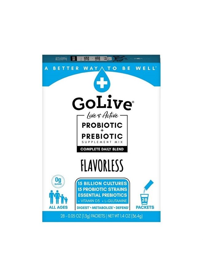 GoLive Probiotics & Prebiotics FLAVORLESS/SUGARLESS Synbiotic Powder, Probiotics + Prebiotics for Women, Men & Kids +15 Billion CFUs, 15 Clinical Strains for Immune & Digestive Health. 28's pack - Image 1