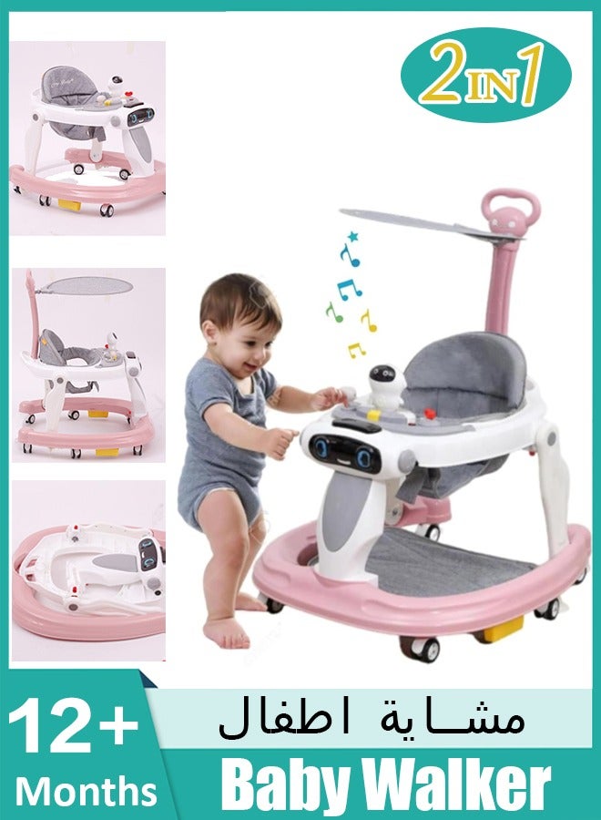 2 in 1 Baby Walker,Baby Walker Stroller,Baby Walker for Learning to Walk,Baby Push Walker Learn to Walk with Mute Wheels Anti-Rollover,Baby Walker with Wheels Portable,Early Education Foldable Baby Walker with with Removable Footrest and Awning for Babies 6-18 Months Boys and Girls - Image 1