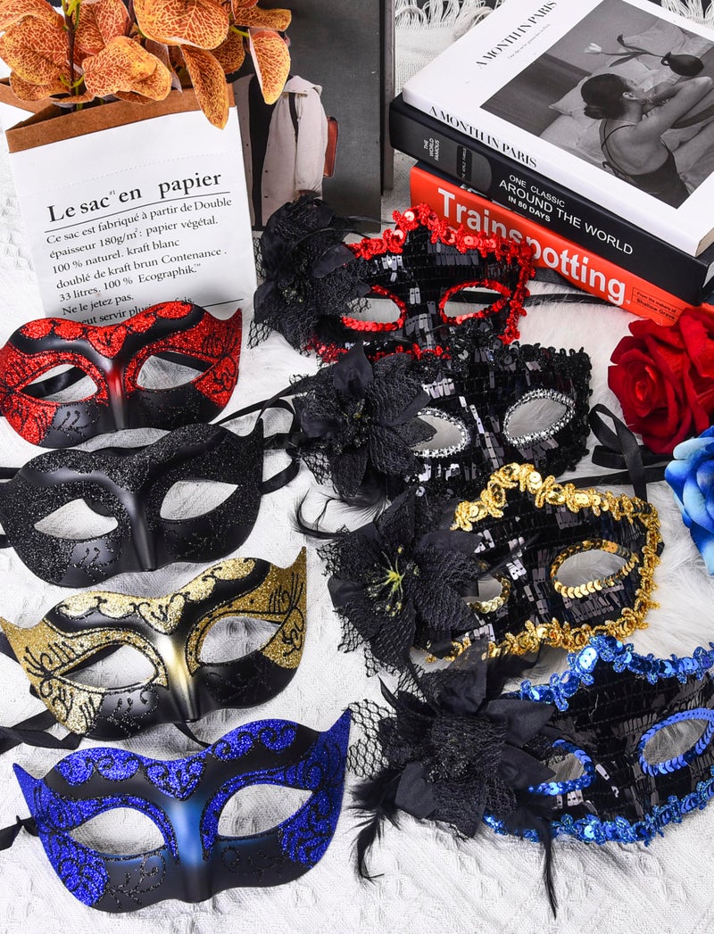 SIQUK 8 Pieces Couple Masquerade Mask Set Venetian Party Masks Mardi Gras Mask Costume Masks for Couples Women and Men - Image 4