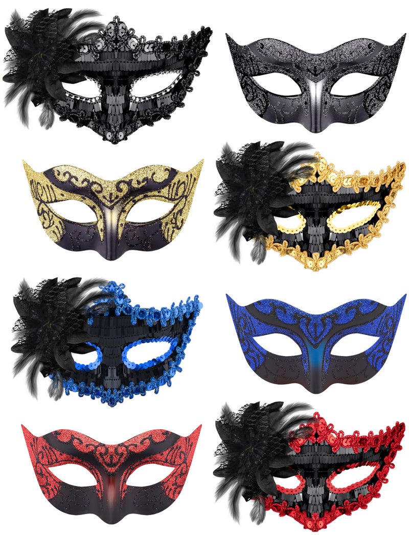 SIQUK 8 Pieces Couple Masquerade Mask Set Venetian Party Masks Mardi Gras Mask Costume Masks for Couples Women and Men - Image 1