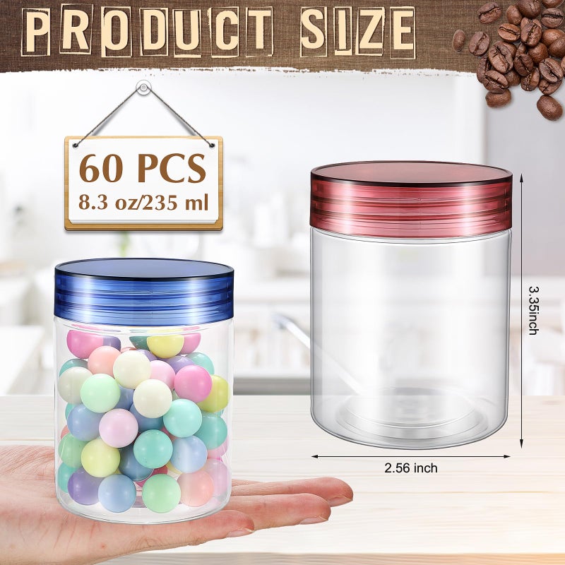 Sliner 60 Pcs 8 oz Plastic Jars with Lids Clear Round Leakproof Storage Containers Empty Refillable Plastic Mason Jars for Travel Storage Face Creams Kitchen Household Food Spice (Colorful) - Image 2