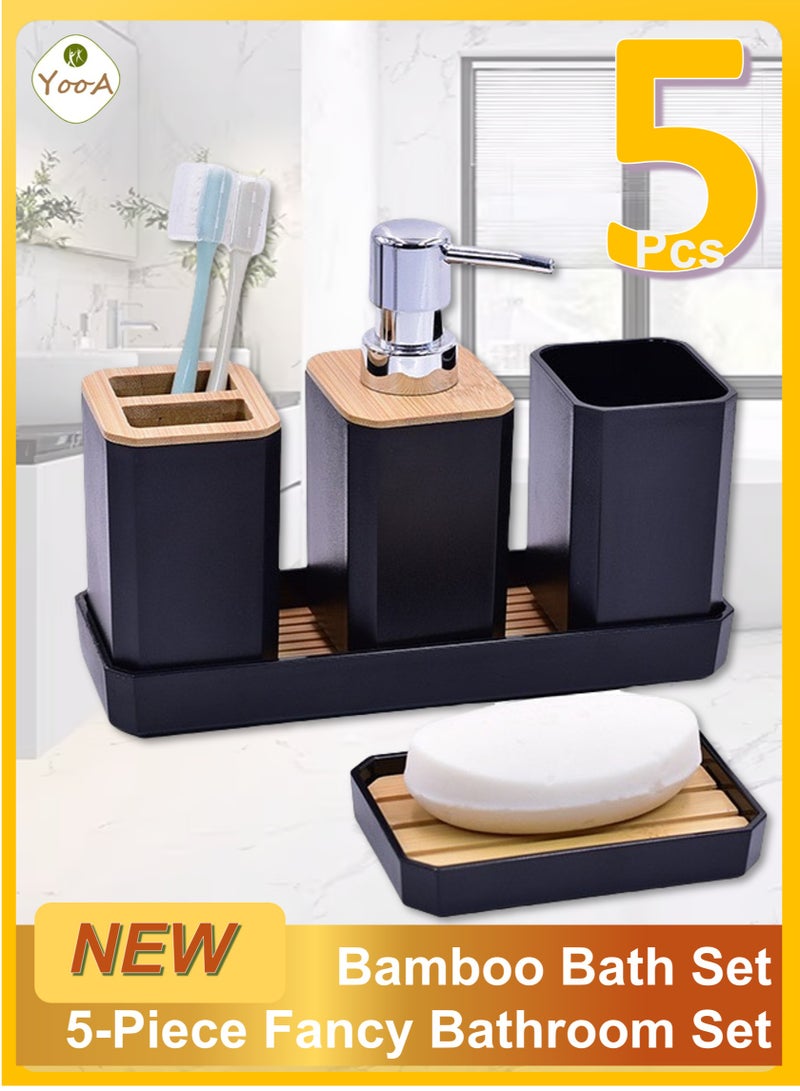 YooA 5-Piece Fancy Bathroom Accessories Set | Bamboo Soap Dispenser, Toothbrush Cup, Toothbrush Holder, Tray, and Soap Dish , Elegant & Durable for Home & Hotel, Bamboo Bath Accessories for Home or Hotel,  5 Piece Plastic Gift Bath Set (Black)  - Image 1