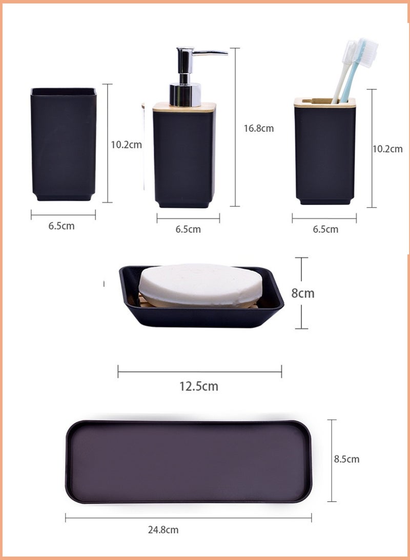YooA 5-Piece Fancy Bathroom Accessories Set | Bamboo Soap Dispenser, Toothbrush Cup, Toothbrush Holder, Tray, and Soap Dish , Elegant & Durable for Home & Hotel, Bamboo Bath Accessories for Home or Hotel,  5 Piece Plastic Gift Bath Set (Black)  - Image 2