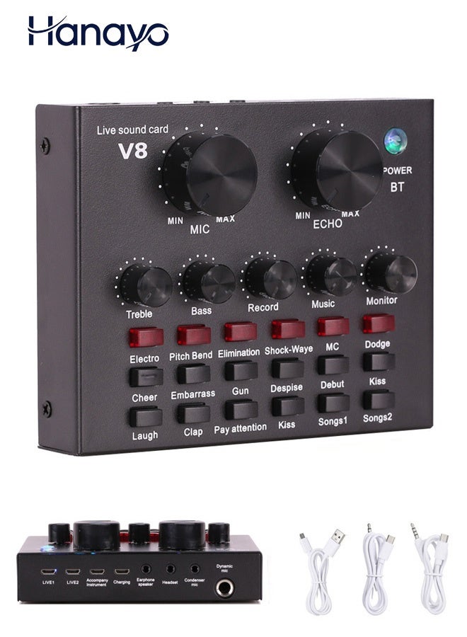 Hanayo External Sound Card USB Live External Sound Mixer Board Voice Changer Sound Card with Multiple Sound Effects for Live Recording Home KTV Voice Chat(Black) - Image 1