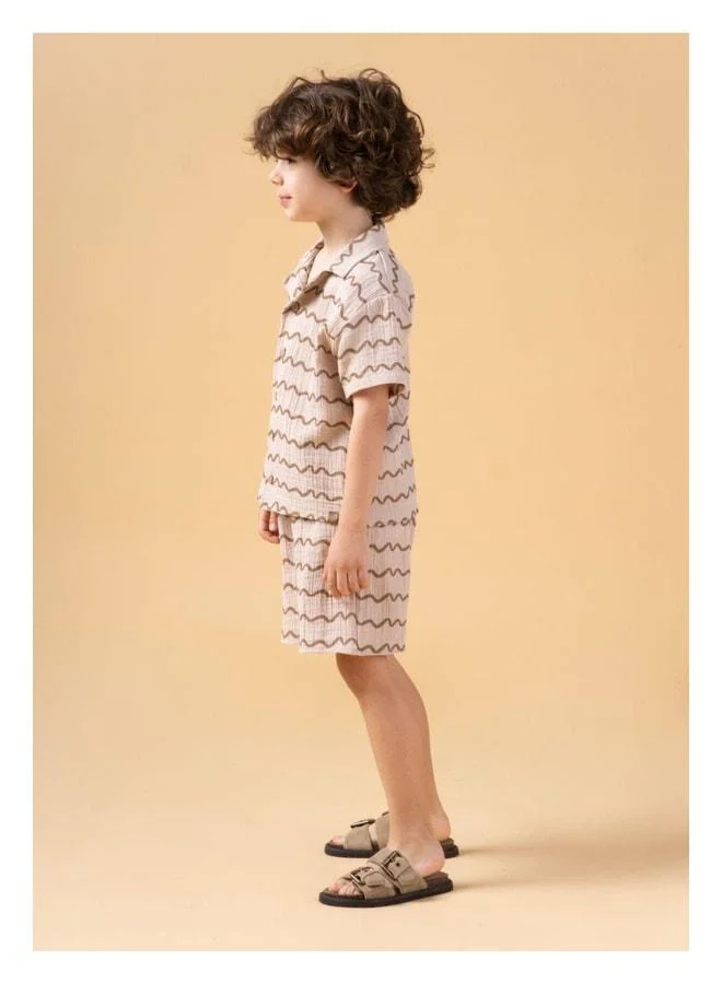 Magu Boys' Cotton Beige Wave-Patterned Shirt and Shorts Set - Summer Relaxed Fit.