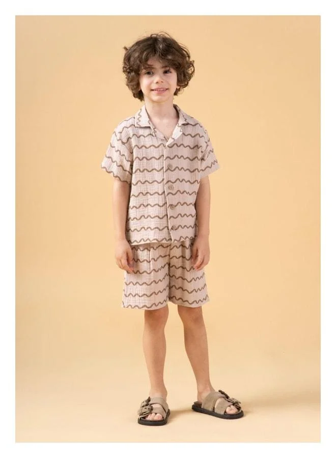 Magu Boys' Cotton Beige Wave-Patterned Shirt and Shorts Set - Summer Relaxed Fit.