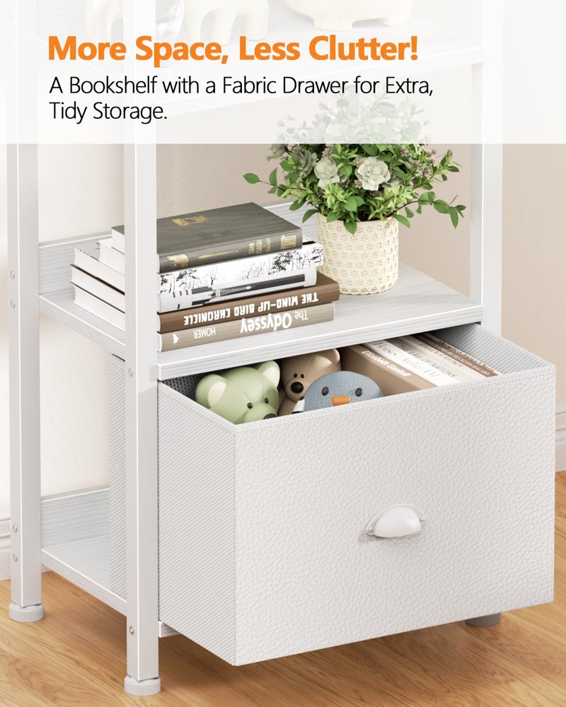 Furologee 6 Tier Bookshelf, Tall Shelf with Drawer, Wood and Metal Bookshelves Storage Organizer, Modern Display Shelving Unit for Bedroom, Living Room, Home Office, White - Image 4