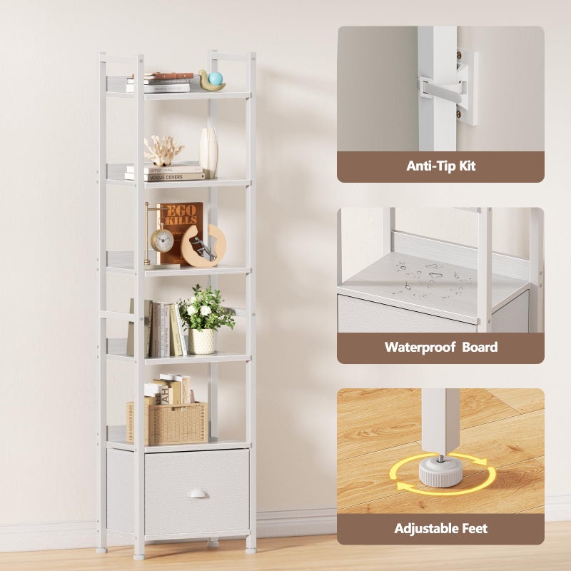 Furologee 6 Tier Bookshelf, Tall Shelf with Drawer, Wood and Metal Bookshelves Storage Organizer, Modern Display Shelving Unit for Bedroom, Living Room, Home Office, White - Image 5