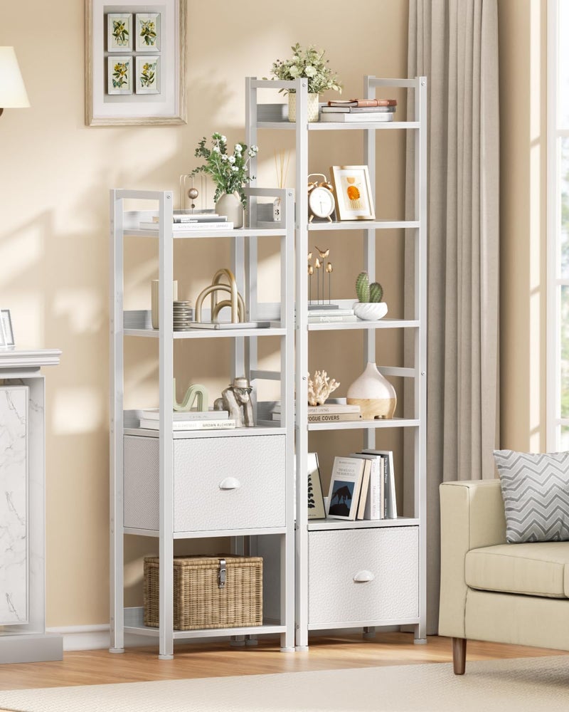Furologee 6 Tier Bookshelf, Tall Shelf with Drawer, Wood and Metal Bookshelves Storage Organizer, Modern Display Shelving Unit for Bedroom, Living Room, Home Office, White - Image 2