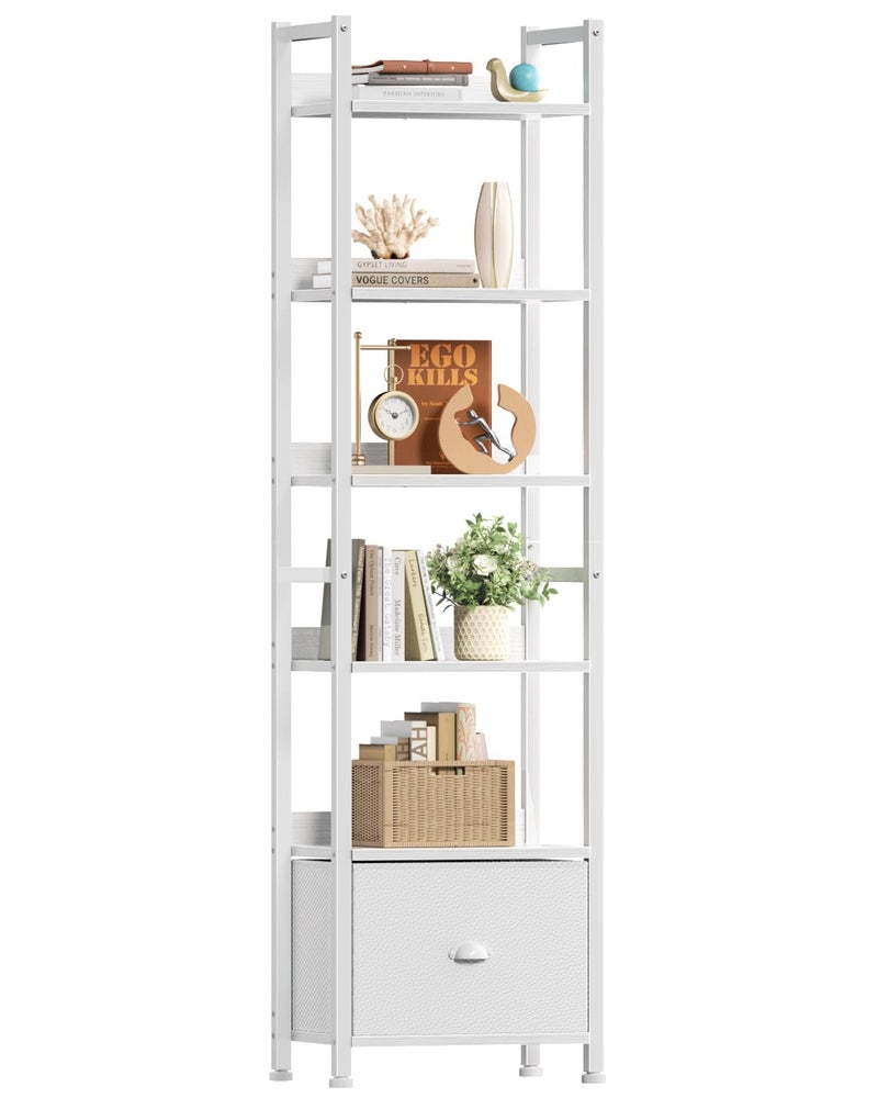 Furologee 6 Tier Bookshelf, Tall Shelf with Drawer, Wood and Metal Bookshelves Storage Organizer, Modern Display Shelving Unit for Bedroom, Living Room, Home Office, White - Image 1