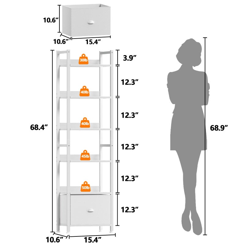 Furologee 6 Tier Bookshelf, Tall Shelf with Drawer, Wood and Metal Bookshelves Storage Organizer, Modern Display Shelving Unit for Bedroom, Living Room, Home Office, White - Image 3