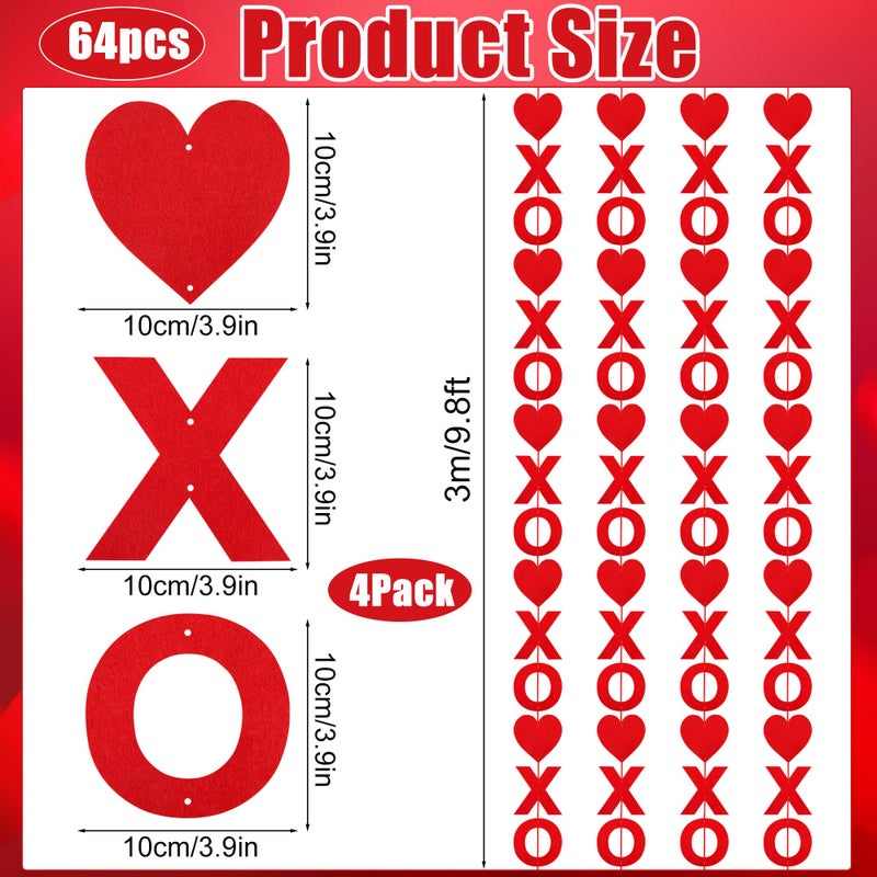 peony man 4 Pack Valentines Day Garland Felt 39.2ft XOXO Heart Hanging Garland Pre-Strung Red Hearts Streamer Banner for Valentine Wedding Anniversary Party Home Decoration - Image 2