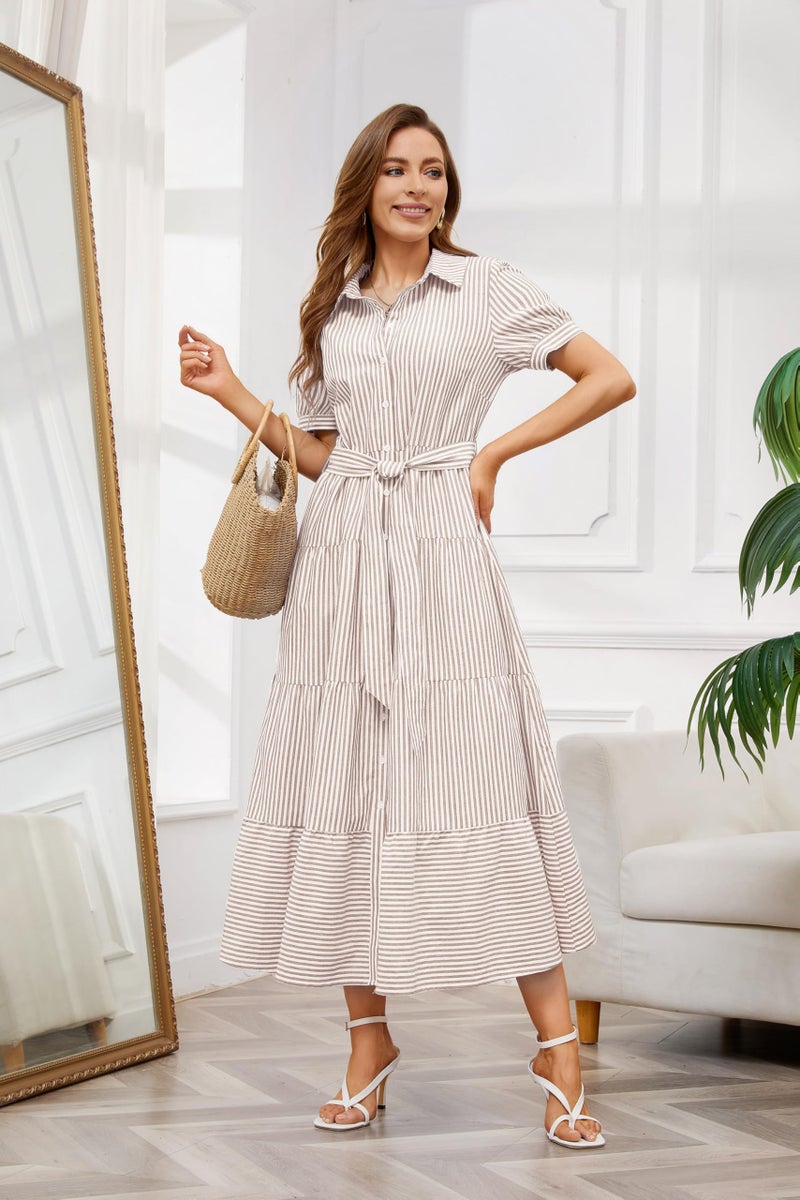 utcoco Womens Casual Short Sleeve Button Down Tie Waist Ruffled Striped Maxi Shirt Dress (Small, Khaki) - Image 5