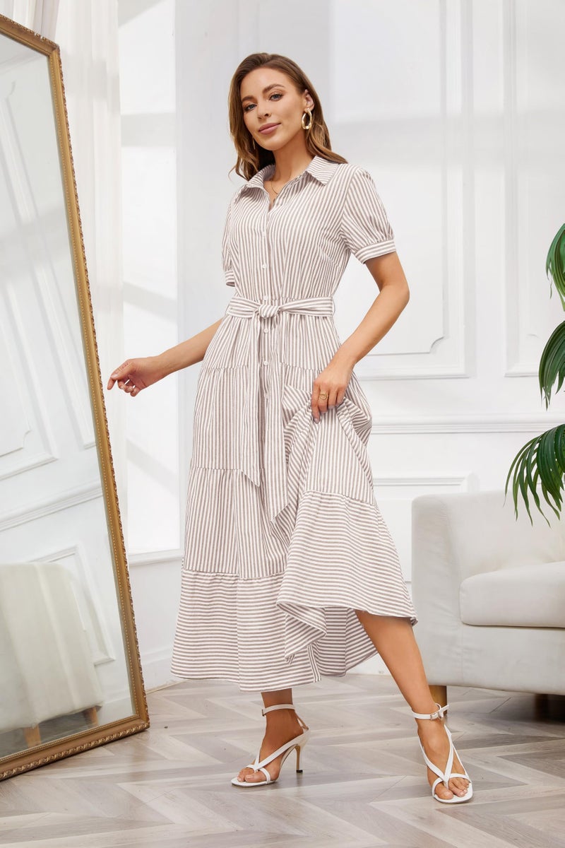 utcoco Womens Casual Short Sleeve Button Down Tie Waist Ruffled Striped Maxi Shirt Dress (Small, Khaki) - Image 2