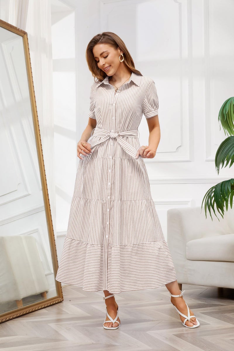 utcoco Womens Casual Short Sleeve Button Down Tie Waist Ruffled Striped Maxi Shirt Dress (Small, Khaki) - Image 3