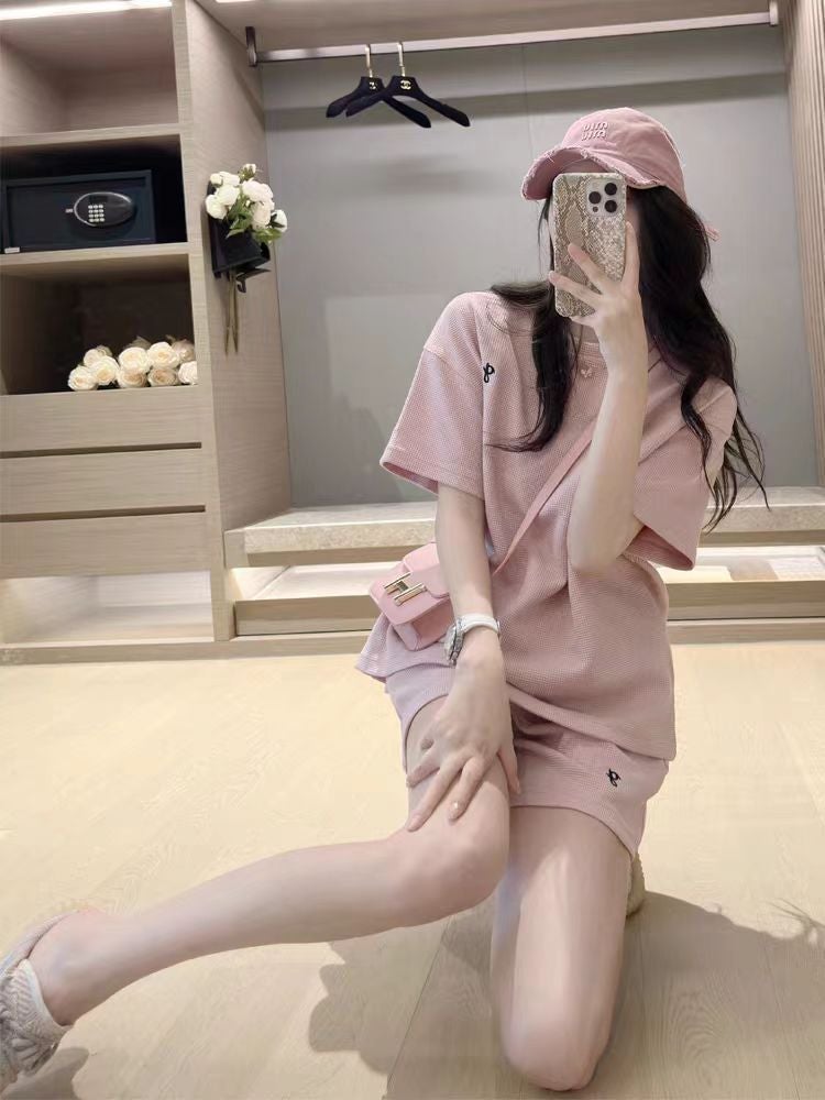 New Korean Style Sportswear Suit for Female Summer Students Loose Style Short-Sleeved T-Shirt Shorts Fashion Two-Piece Running Set Lotus color 