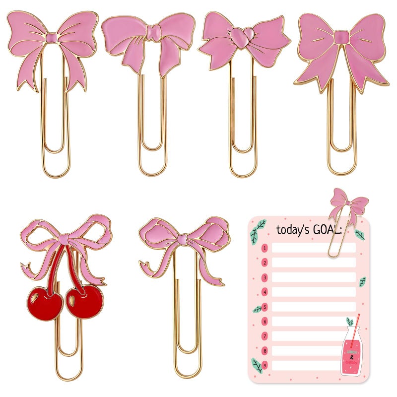 Skyygemm 6 Pcs Pink Bow Paper Clips Cute Large Paperclips Coquette Metal Paper Clip Preppy Bookmarks Planner Clips for Office Home Supplies Gifts Wedding Decoration - Image 1