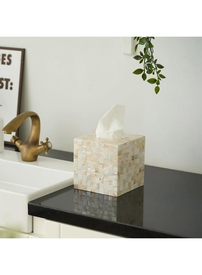 MOWABI Mother of Pearl Tissue Box Cover 5.9” – Handcrafted Square Tissue Holder with Sliding Bottom – Decorative Napkin Dispenser for Bathroom, Bedroom, Kitchen, Office - Image 2