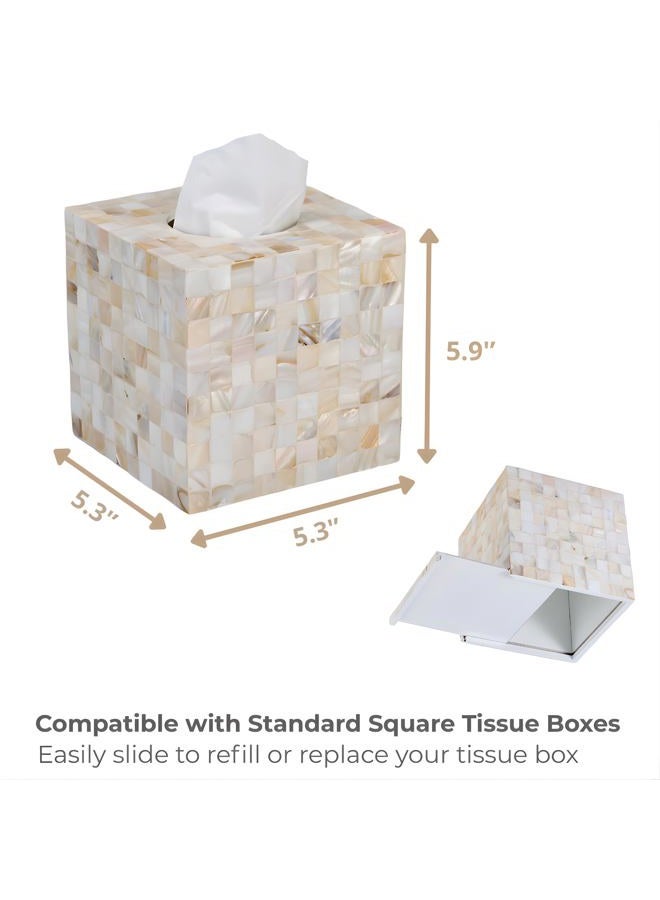 MOWABI Mother of Pearl Tissue Box Cover 5.9” – Handcrafted Square Tissue Holder with Sliding Bottom – Decorative Napkin Dispenser for Bathroom, Bedroom, Kitchen, Office - Image 3
