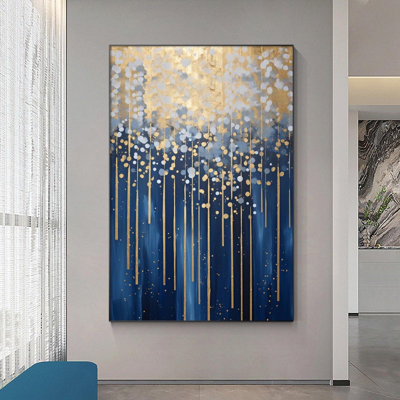 Wallvelart Blue Gold Abstract Wall Art Navy Canvas Art Modern Line Painting Navy Abstract Art Print Gold Foil Artwork Modern Golden Pictures Blue Golden Gray Canvas for Living Room 16x24inch No Frame - Image 1