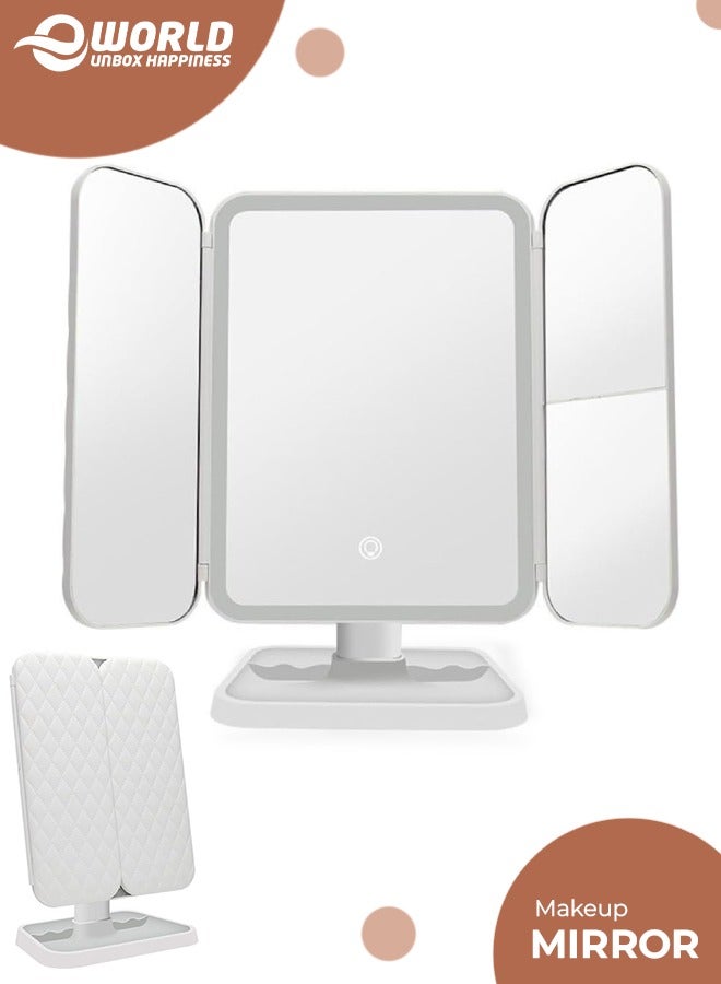 Eworld Trifold Lighted Makeup Mirror with 72 LEDs, 3 Color Modes, 1x/2x/3x Magnification, Touch Control, 90° Adjustable, Portable Vanity Mirror with Removable Storage Base (White) - Image 1