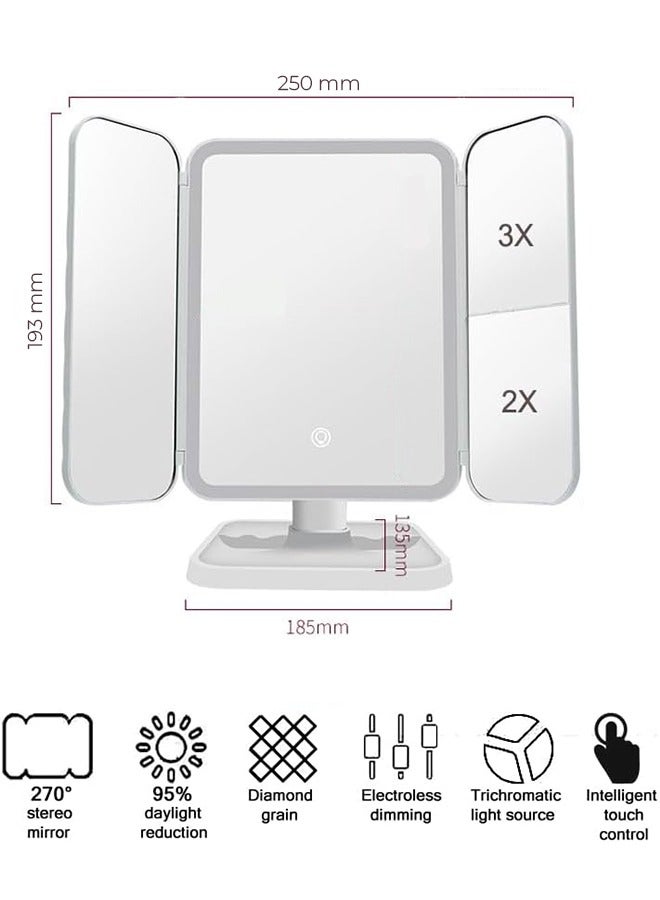 Eworld Trifold Lighted Makeup Mirror with 72 LEDs, 3 Color Modes, 1x/2x/3x Magnification, Touch Control, 90° Adjustable, Portable Vanity Mirror with Removable Storage Base (White) - Image 3