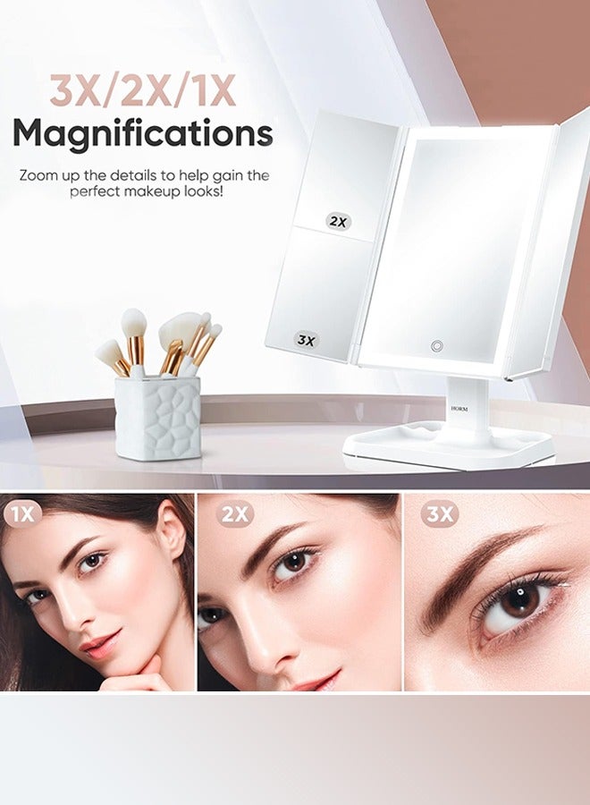Eworld Trifold Lighted Makeup Mirror with 72 LEDs, 3 Color Modes, 1x/2x/3x Magnification, Touch Control, 90° Adjustable, Portable Vanity Mirror with Removable Storage Base (White) - Image 4