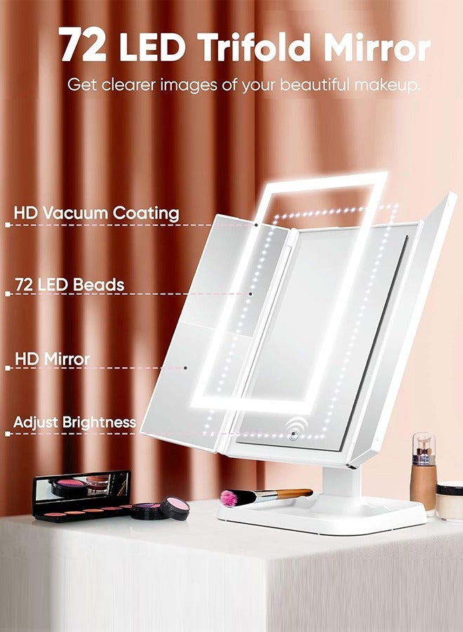 Eworld Trifold Lighted Makeup Mirror with 72 LEDs, 3 Color Modes, 1x/2x/3x Magnification, Touch Control, 90° Adjustable, Portable Vanity Mirror with Removable Storage Base (White) - Image 5