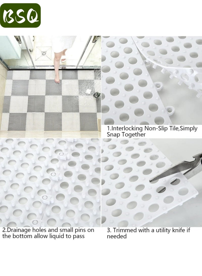 بي إس كيو مجموعة من 12 بلاط أرضيات تصريف متشابك غير قابل للانزلاق | سجادة أرضية حمام ناعمة من البولي فينيل كلوريد مقاس 30 × 30 سم | فتحات تصريف للحمام والمطبخ وحمام السباحة والمناطق الرطبة (6 رمادي + 6 أبيض). - Image 5