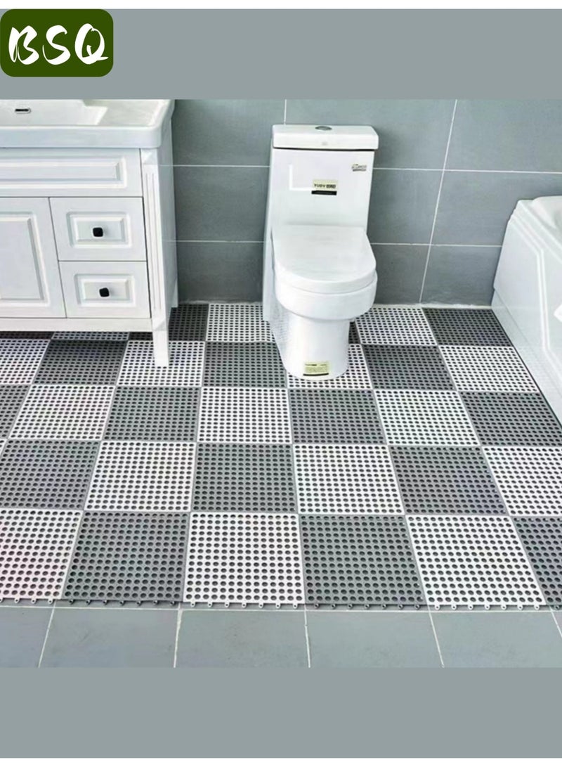 بي إس كيو مجموعة من 12 بلاط أرضيات تصريف متشابك غير قابل للانزلاق | سجادة أرضية حمام ناعمة من البولي فينيل كلوريد مقاس 30 × 30 سم | فتحات تصريف للحمام والمطبخ وحمام السباحة والمناطق الرطبة (6 رمادي + 6 أبيض). - Image 4