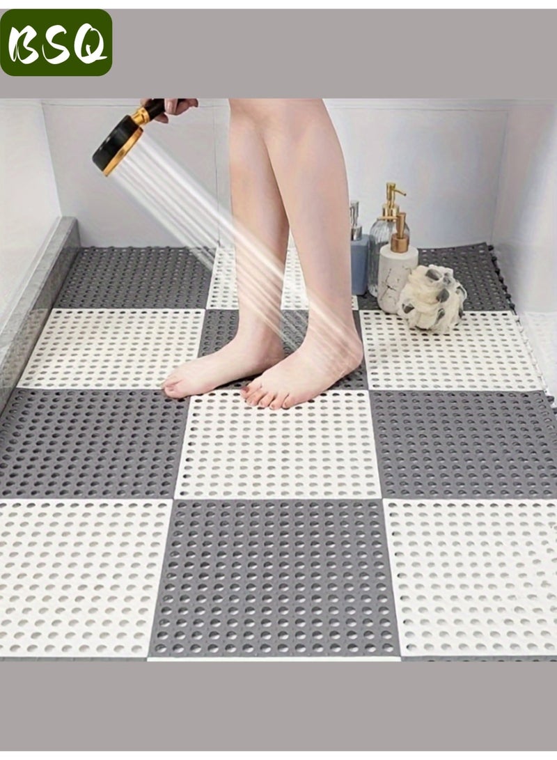 بي إس كيو مجموعة من 12 بلاط أرضيات تصريف متشابك غير قابل للانزلاق | سجادة أرضية حمام ناعمة من البولي فينيل كلوريد مقاس 30 × 30 سم | فتحات تصريف للحمام والمطبخ وحمام السباحة والمناطق الرطبة (6 رمادي + 6 أبيض). - Image 3