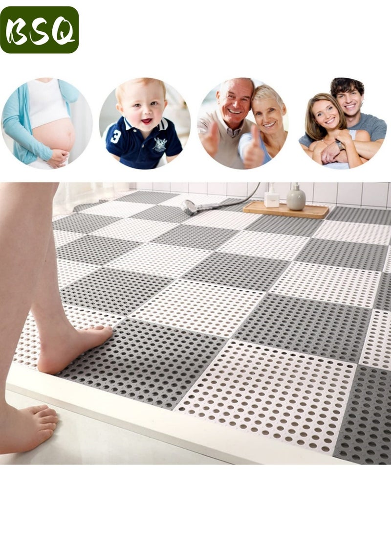 بي إس كيو مجموعة من 12 بلاط أرضيات تصريف متشابك غير قابل للانزلاق | سجادة أرضية حمام ناعمة من البولي فينيل كلوريد مقاس 30 × 30 سم | فتحات تصريف للحمام والمطبخ وحمام السباحة والمناطق الرطبة (6 رمادي + 6 أبيض). - Image 2