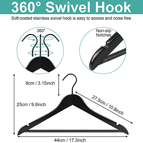 Perfecasa 20 Pack Wooden Hangers — Premium Solid Wood Suit & Coat Hangers with Non-Slip Pants Bar, Silent Coated Hooks, 360° Swivel for Closet Organization (Black) - Image 3