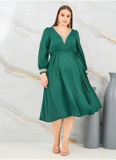 Styli Plus Lace Detail V Neck A-Line Midi Dress  - Image 1