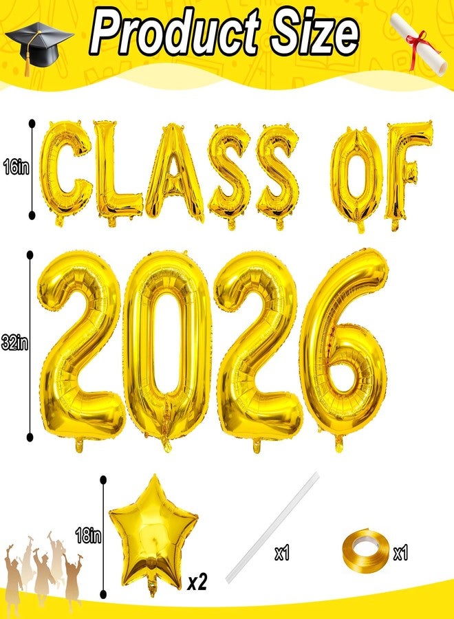 Froova Gold Class Of 2026 Balloons 32/18/16 Inch Gold Graduation Balloons Class of 2026 Decorations Golden Star Foil Balloons for Grad High School College Prom Graduation Sign Party Decorations - Image 2