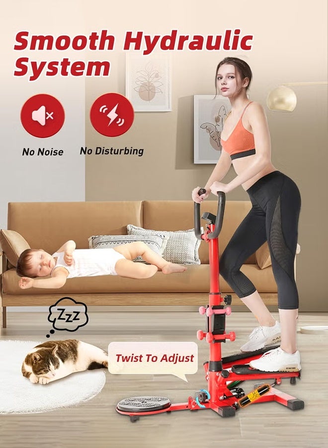 والالا جهاز صعود الدرج مع مقود، جهاز لياقة بدنية 4 في 1 مع شريط مقاومة وقرص ملتوي، مع 4 دمبل 0.5/0.9 كجم، شاشة LCD، جهاز دواسة هادئ لإنقاص الوزن لتمرين الجسم بالكامل في المنزل والمكتب، أحمر - Image 5