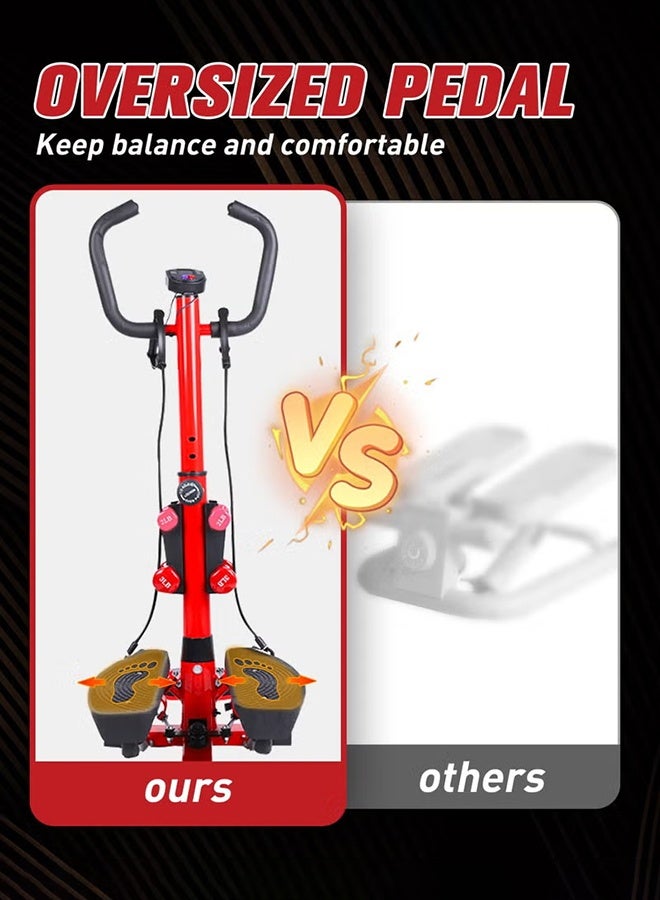 والالا جهاز صعود الدرج مع مقود، جهاز لياقة بدنية 4 في 1 مع شريط مقاومة وقرص ملتوي، مع 4 دمبل 0.5/0.9 كجم، شاشة LCD، جهاز دواسة هادئ لإنقاص الوزن لتمرين الجسم بالكامل في المنزل والمكتب، أحمر - Image 4