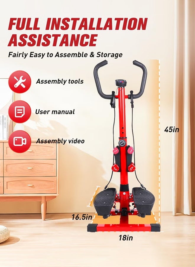 والالا جهاز صعود الدرج مع مقود، جهاز لياقة بدنية 4 في 1 مع شريط مقاومة وقرص ملتوي، مع 4 دمبل 0.5/0.9 كجم، شاشة LCD، جهاز دواسة هادئ لإنقاص الوزن لتمرين الجسم بالكامل في المنزل والمكتب، أحمر - Image 2