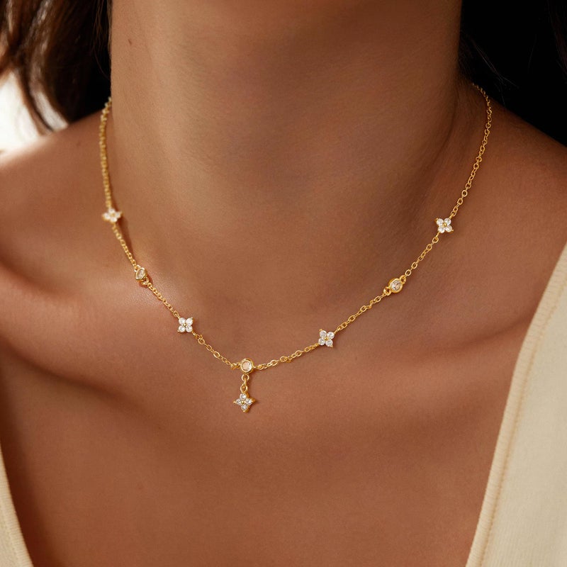 Yoosteel Easter Gifts for Womens Gold Necklace - Dainty 14k Gold Plated Necklace Choker Clover Cubic Zirconia Station Pendant Necklaces for Women Trendy Non Tarnish Prom Jewelry Gift - Image 2